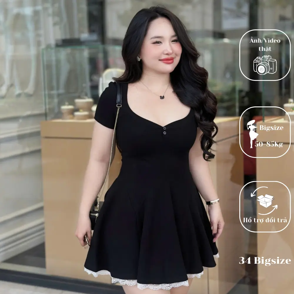 Đầm xòe bigsize Bonn 34DA038 34 Bigsize, đầm thun ngắn dễ thương cho nữ dự tiệc, đi chơi tôn dáng