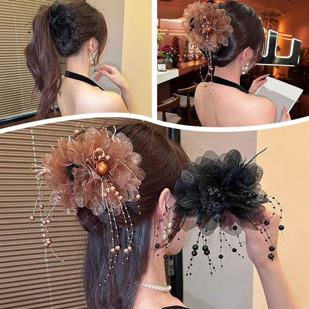 Kẹp Tua Rua Lông Vũ Hạt, Kẹp Tóc Mới 2024, Kẹp Lông Hoa Mẫu Đơn, Kẹp Cá Mập, Dài 11cm Women Nữ