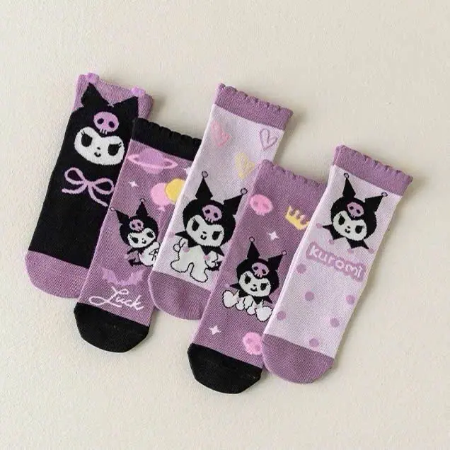 Set 5 Đôi Tất Cao Cổ Cho Bé Gái Họa Tiết Kuromi Tím Đậm Mẫu Mới Phong Cách Nhật Siêu Hot Te33 3