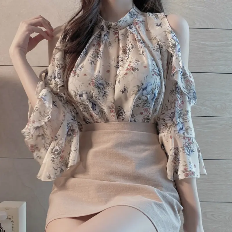 Áo Cánh Voan Hoa, Phong Cách Pháp, Trang Phục Mùa Hè, Trễ Vai Và Một Vai, Áo Sơ Mi Ngọt Ngào Sang Trọng, Dành Cho Phụ Nữ, Thiết Kế Đẹp