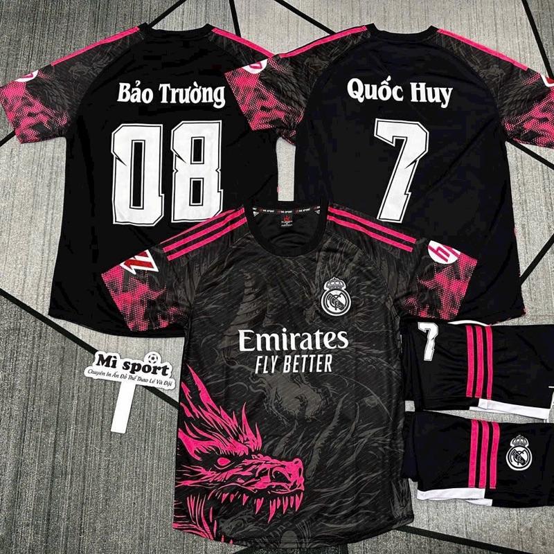 Real đen rồng hồng (mè  kim)- Bộ Quần Áo Thể Thao  Vải mè kim logo thêu [2024] - Có in Tên + Số theo yêu cầu Sport Top Nam