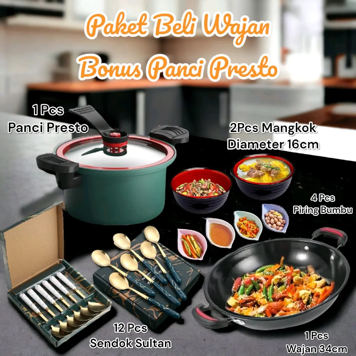 LT 002 Paket Lengkap Wajan Enamel 34cm Panci Presto Anti Lengket 12 Pcs Sendok Marble Sultan 4 Pcs Piring Daun Mini 2 Mangkok Ramen 16cm