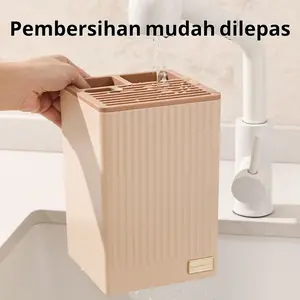 Rak pisau multifungsi rak penyimpanan meja - pisau dapur rumah tangga, rak penyimpanan sumpit, desain saluran air, penyimpanan meja dapur, krem kuning/hijau rumput/akar teratai merah muda