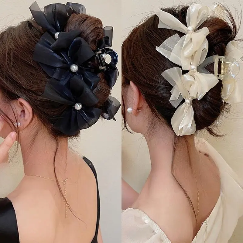 Korean Fashion Pearl Mesh Claw Girl Back of Head Hair Clip for Women Bow Hairpin