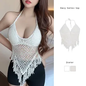 Atasan Seksi Berlubang untuk Wanita, Atasan Tanpa Lengan dengan Rumbai Tenun di Leher, Atasan Camisole Seksi untuk Gadis Seksi