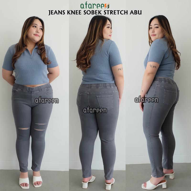 Afareen - Jeans Pinggang Karet Jumbo Ripped Celana Jeans Sobek Wanita Knee Legging Jeans Jumbo Size 31-43 3