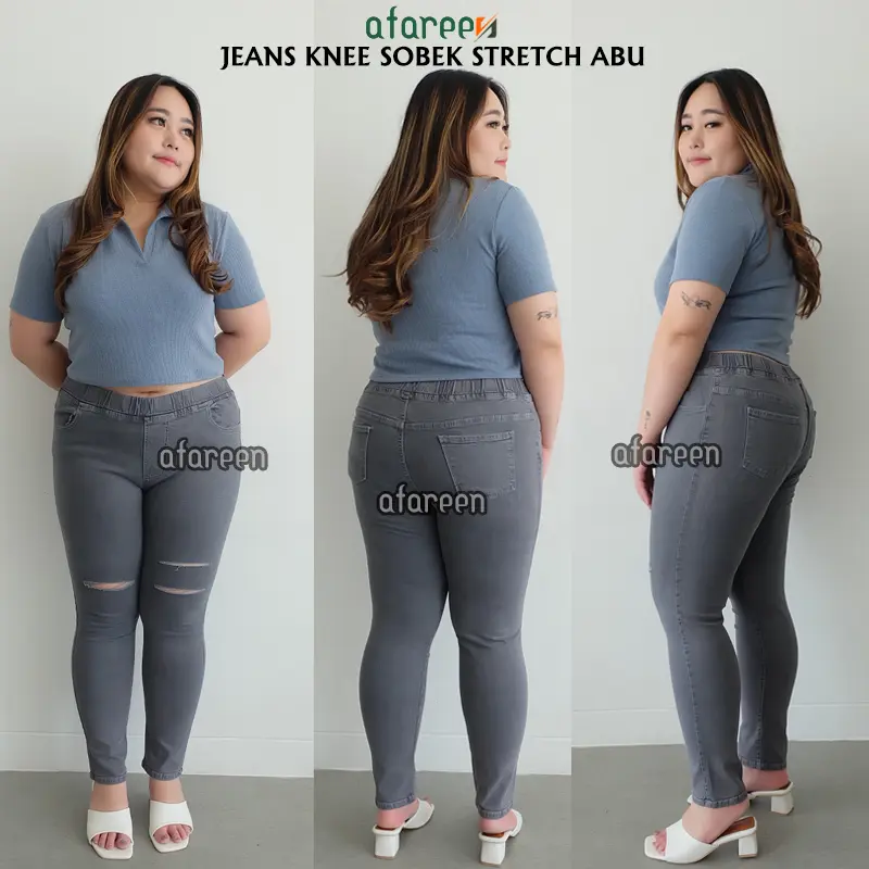 Afareen - Jeans Pinggang Karet Jumbo Ripped Celana Jeans Sobek Wanita Knee Legging Jeans Jumbo Size 31-43 2