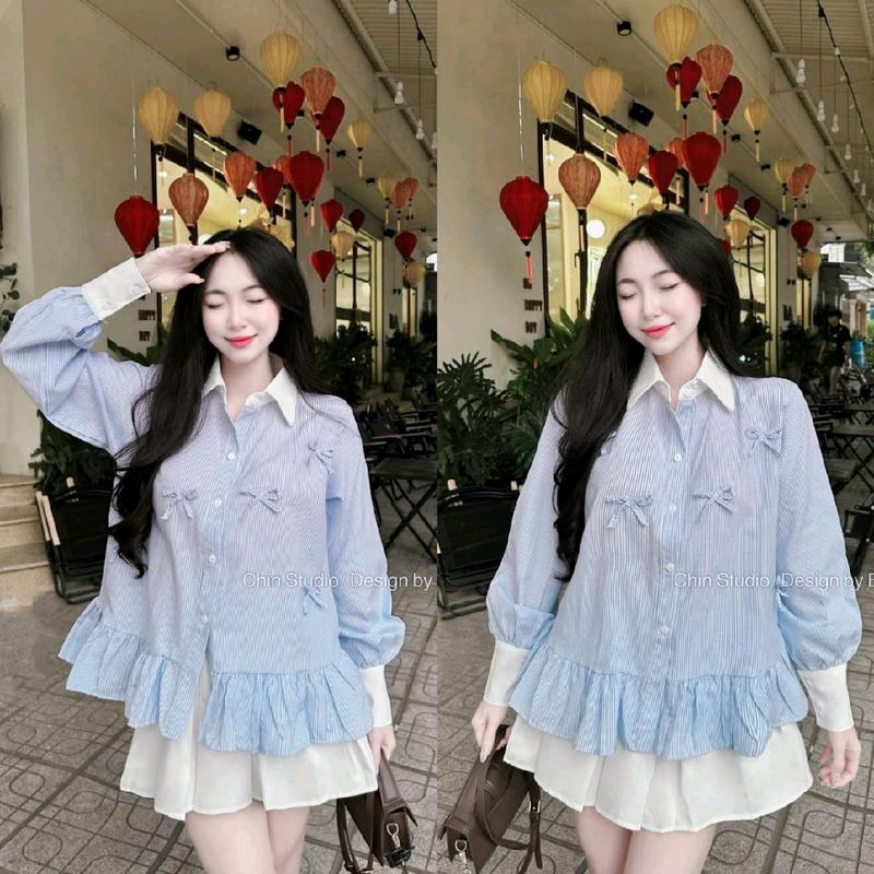Bigsize 60-90kg Set áo sơ mi kẻ sọc phối bèo form ngắn tay dài đính nơ phối chân váy xòe xếp ly lưng thun cho nữ, Set váy sơ mi kẻ + chân váy xoè có quần bên trong - Nhyy Shop voan