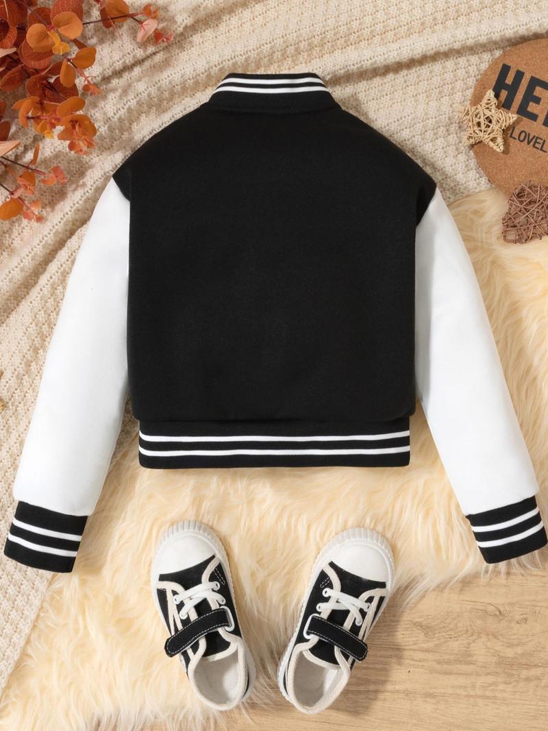 Product Introduction of Girl's Colorblock Letter Print Drop Shoulder Varsity Jacket, Casual Mock Neck Long Sleeve Outerwear for Fall & Winter, Kids Clothes for Daily Wear 7