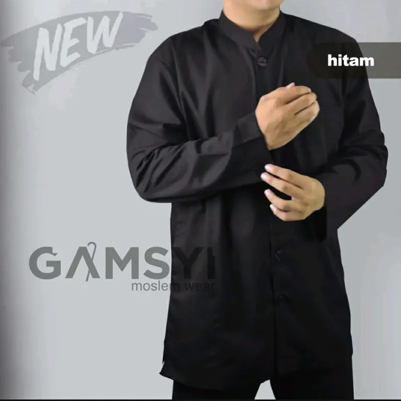 Baju koko pria polos premium Hitam Kantong Muslim 1