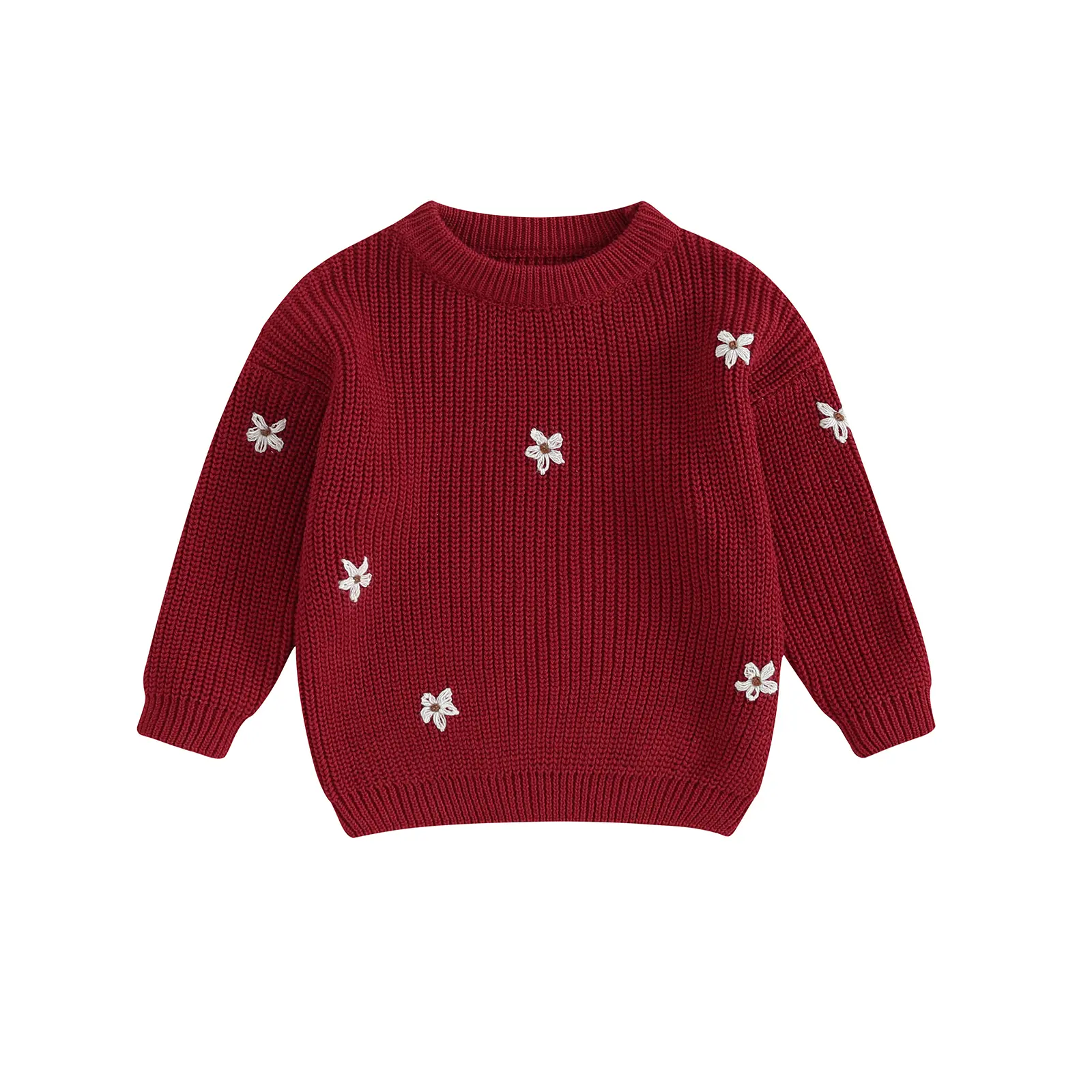 Kids Girls Fall Winter Knitwear, 0-5 Years Long Sleeve Crew Neck Flower Embroidery Sweater Warm Clothes for Baby