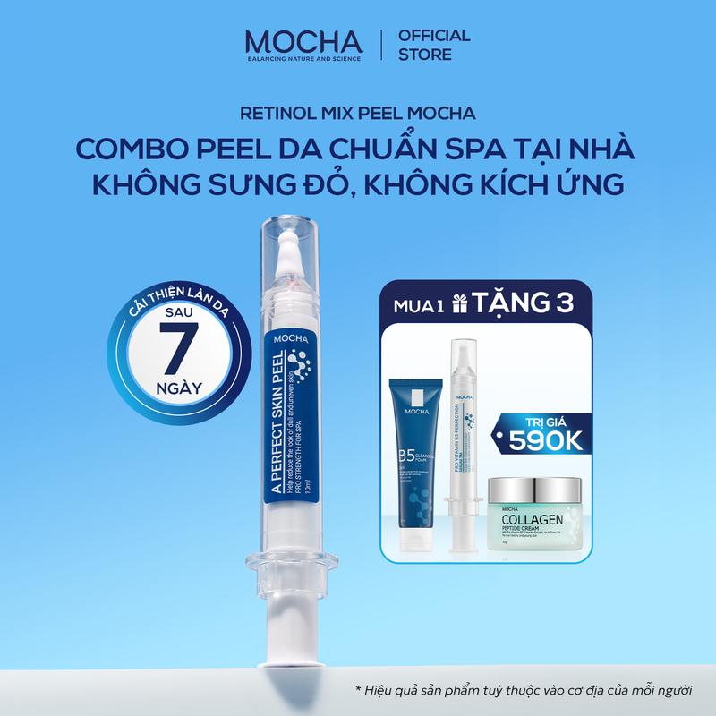 PEEL MIX RETINOL MOCHA mua 1 được 4, Thương Hiệu: Mocha, gồm 4 sản phẩm: 1 ống tinh chất Peel Mocha, 1 ống tinh chất phục hồi, 1 sửa rửa mặt b5, 1 dưỡng collagen Làm Đẹp Da Peel Da Skincare Chăm Sóc Da Nữ Women Peptide Serum