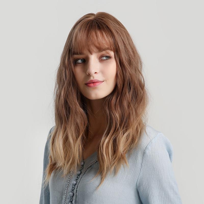 Product Introduction of Women's Wig Gradient Dyed Brown Golden Bangs Long Curly Hair Head Cover 3