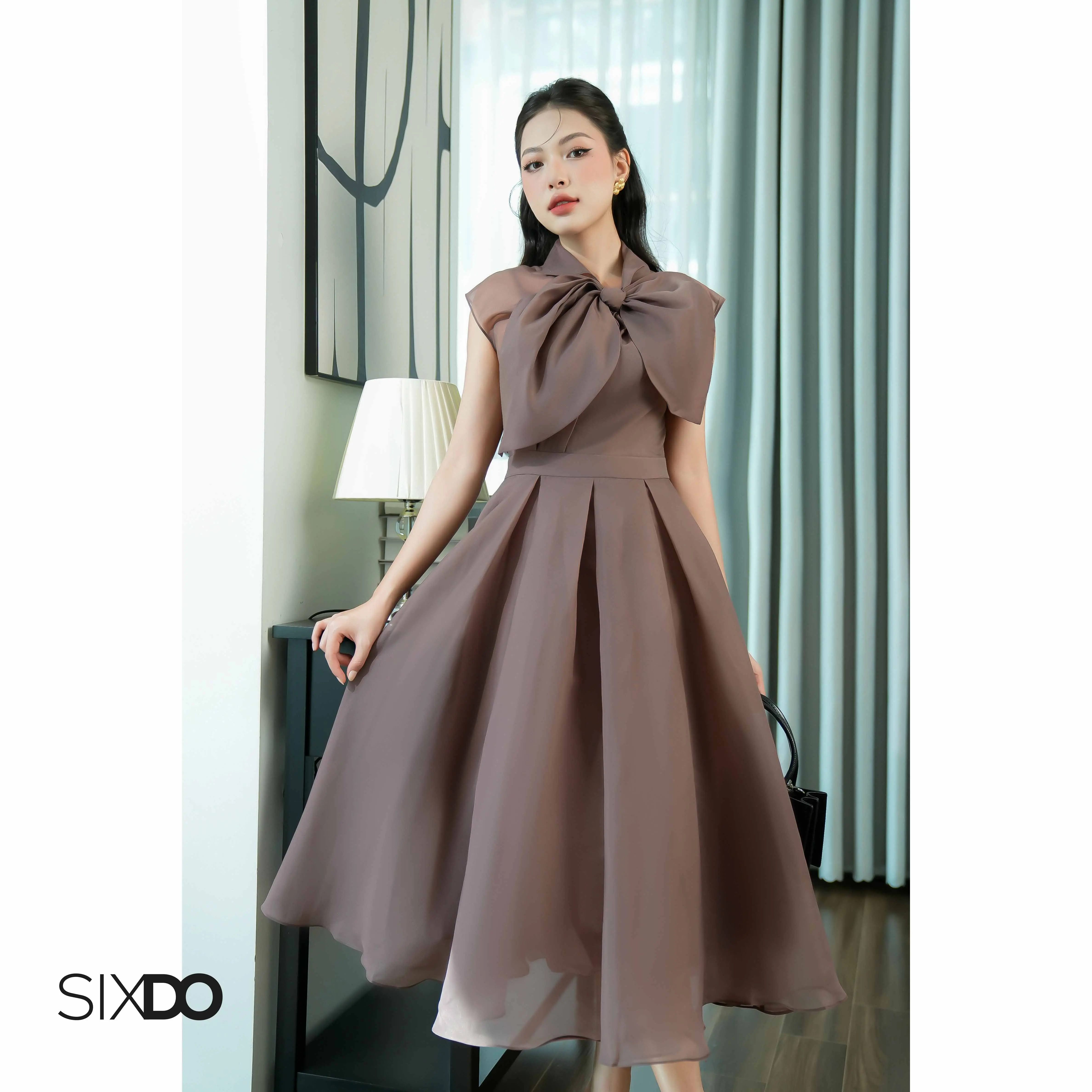 [HN] Đầm voan nâu phối nơ SIXDO (Brown Bow-tie Organza Midi Dress)