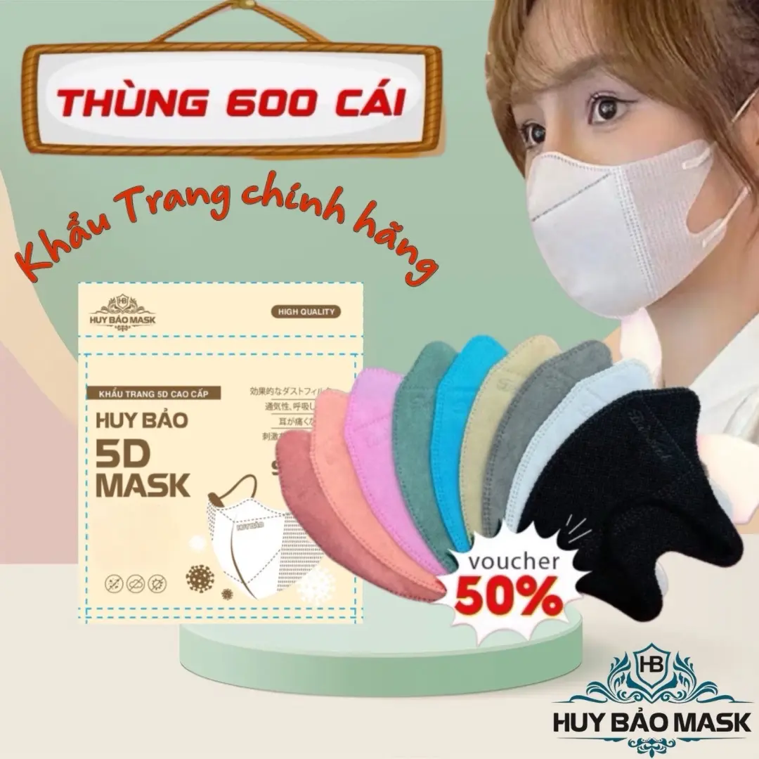 Thùng 600 chiếc khẩu Trang 5D HUY BẢO..Khẩu Trang chính hãng,,chống bụi mịn,,tia UV Phụ Kiện Che Mặt Accessories Nam Nhung Women Voi Nữ Hoa Nhung Voi Nữ Nam Women Hoa