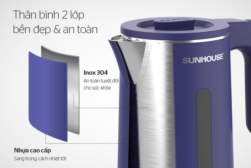Product Introduction of [MẪU MỚI 2023] Ấm siêu tốc, bình đun siêu tốc inox 2 lớp 1.8L SUNHOUSE SHD1355, 2 lớp cách nhiệt chống bỏng 12