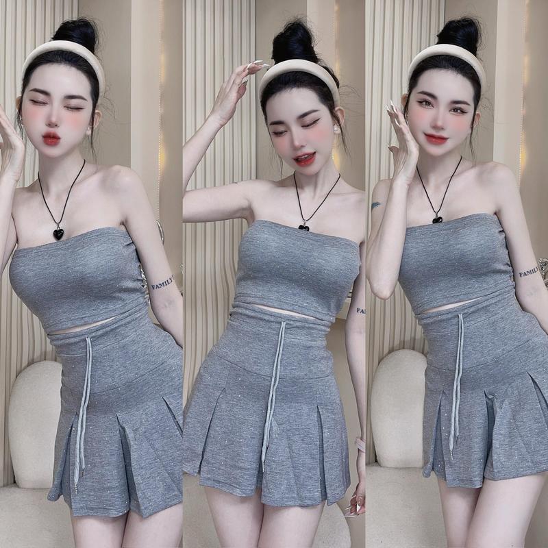 S45 - Set 2 Món Áo Ống + Váy Xòe Đính Đá Full Nữ Nhung Thun