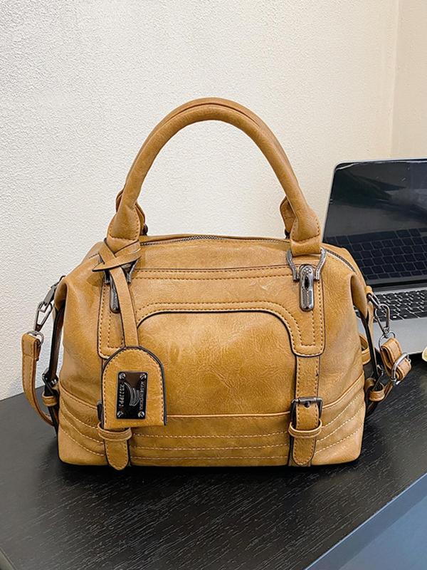 Women's Solid Color Oil Wax Boston Bag, Fashionable PU Leather Crossbody Bag for Daily Used, Casual Trendy Versatile High-quality Daily Commuting Bag 4