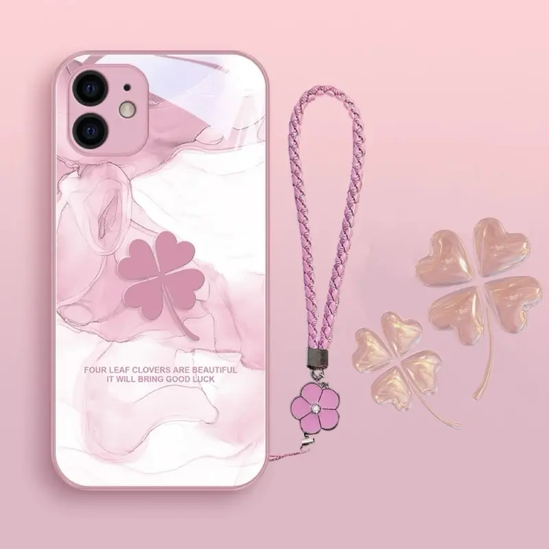 Ốp Điện Thoại Cỏ Bốn Lá, Thiết Kế May Mắn, Tương Thích Với iPhone 14 Pro Max / 14 Plus / 13 Pro Max / 12Pro Max / 11 Pro Max / XS Max / XR, Ốp Điện Thoại Xu Hướng Chống Sốc, Chất Liệu Kính, Keo Mềm TPU 5