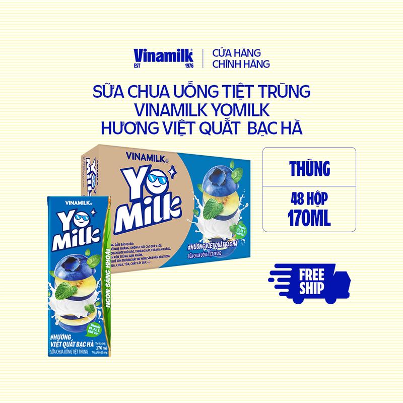 [CHỈ GIAO THÀNH PHỐ LỚN BÁN KÍNH 10KM] Sữa Chua Uống Tiệt Trùng Vinamilk Yomilk hương Việt Quất Bạc Hà - Thùng 48 hộp 170ml