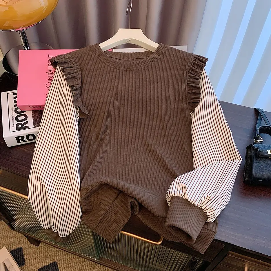 Blouse Women Korean Style Fake Two Pieces of Top Small Stature Maillard's New Knitted Base Shirt Elegant Slim Fit and Versatile Fairy Top for Wearing on The Outside Women Clothes