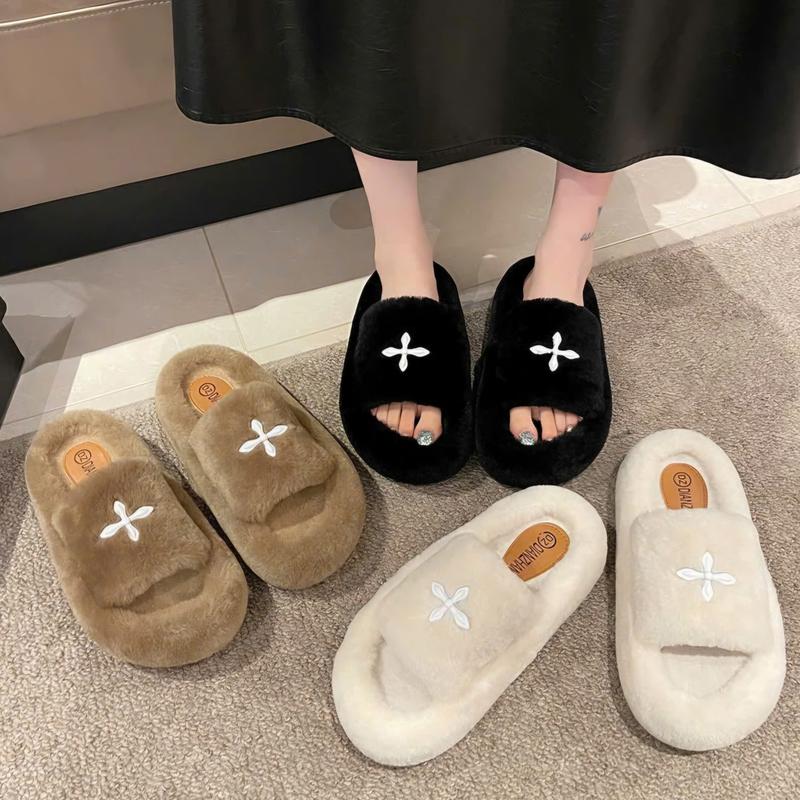  Dép lông nữ  dép cao 5cm kèm quy chữ thập phong cách thu dông mẫu hottrend sang chanh   chuẩn size   V4 Slipper DéP Nhung Cao Su Có Quai Jean 