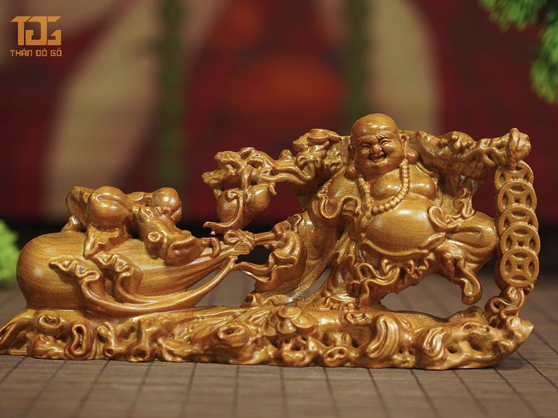 [Thản Đồ Gỗ] Tượng Phật Di Lạc Kéo Bao Gỗ Bách Xanh Chạm Khắc Tinh Sảo.