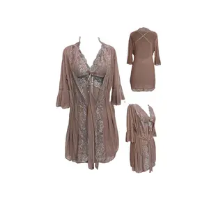 { Cozy } Lingerie Kimono 3IN1 Lengan 3/4 Back Strap Silang With Pita Corak Bunga  Best Seller Sifon Renda Premium KK31