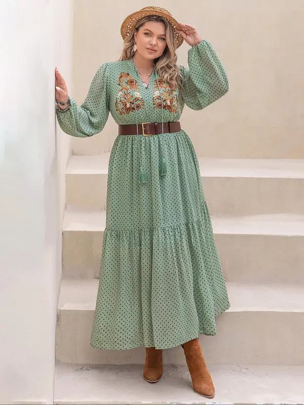 【Plus Size】 Floral Embroidery Tassel Ruffle Hem Dress, Boho All Over Print Notched Neck Long Sleeve A Line Dress, Dresses for Women, Holiday Dresses, Summer Outfits 2024, Ladies Dresses, Women's Clothes, Dresses for Women, Belleza Fits 5