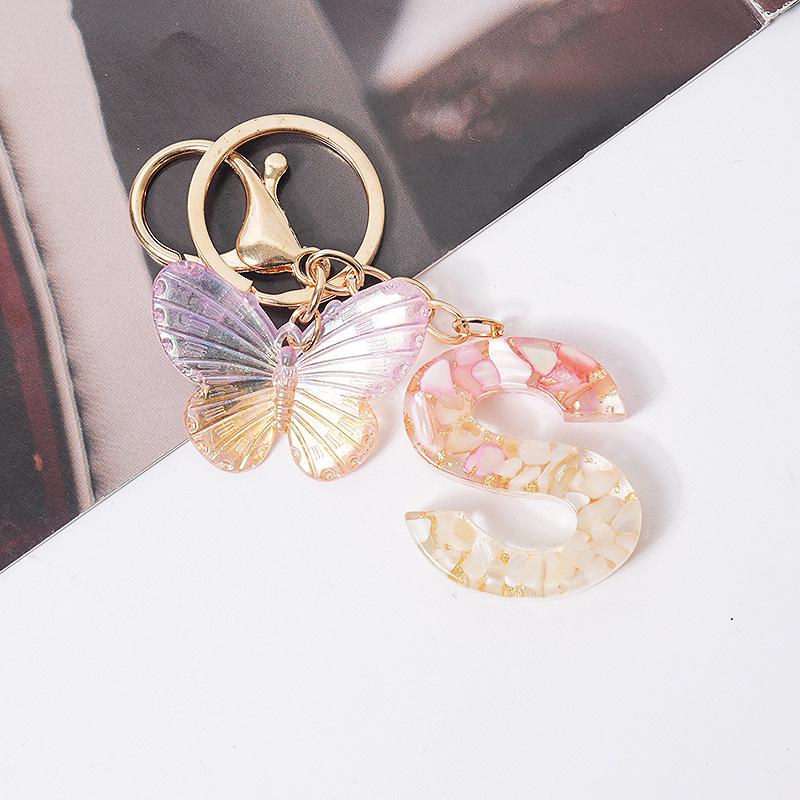 Product Introduction of [QQQ]Pink Dream Butterfly 26 Letters A To Z Resin Keychain 26 Initials White Stone  Leaf Pendant Keyring Backpack Charm Bag Decor 31