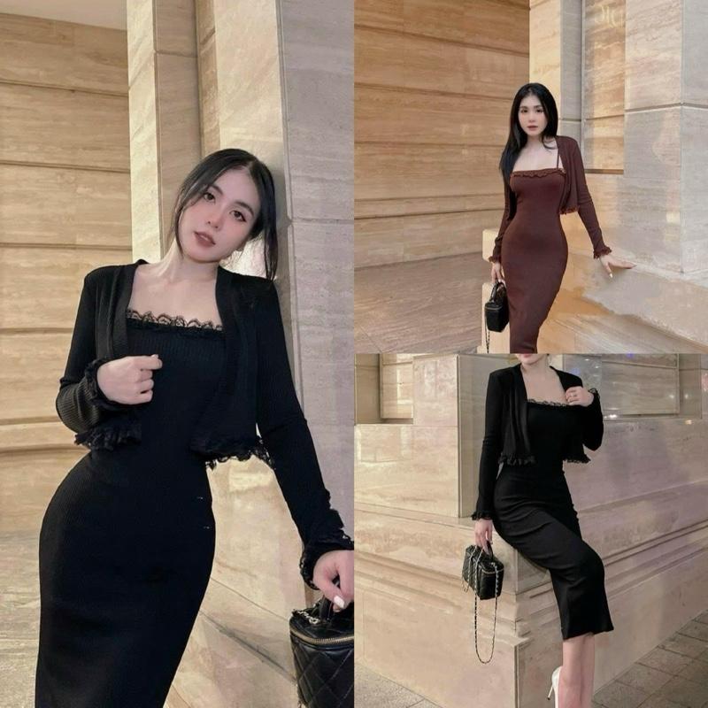  Đầm body dài tăm QC viền ren bèo kèm áo khoác ngoài croptop dành cho nữ -Women Kem-D1 