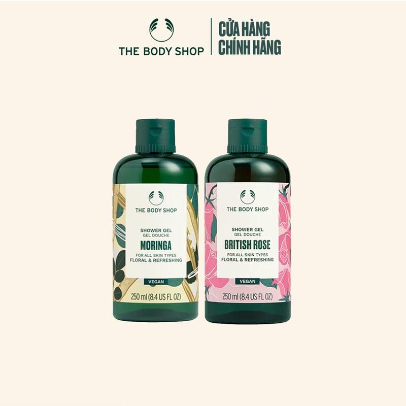 The Body Shop Bộ 02 sữa tắm mix mùi hương size 250ml: Sữa tắm Moringa, sữa tắm British Rose, Kem Tắm Shea - Dưỡng Da Body