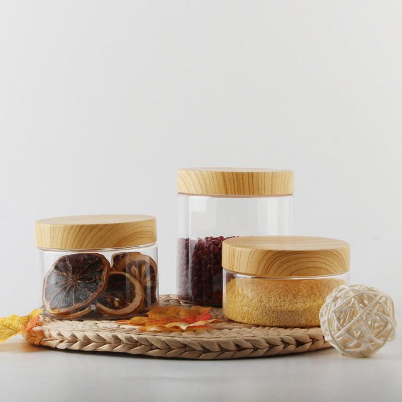 Product Introduction of Wide Mouth Transparent Plastic Bottle, Nut Wood Grain Kitchen Storage Tank Moisture-proof Home C1I1 32