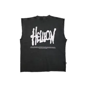 Hellion - Fringe Oversized Sleeveless Gym Muscle Tee Black Washed Combed 16s Kaos Lekbong Oversize Hitam Wash