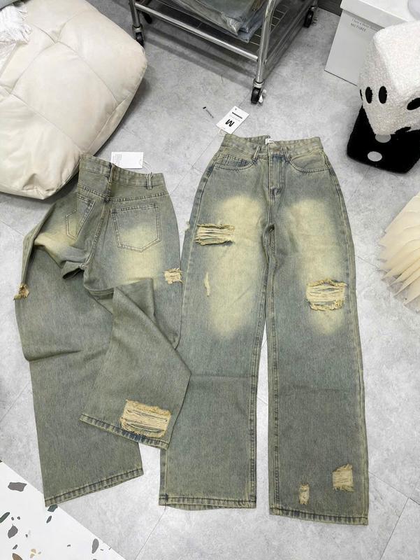  Quần baggy Jean nữ ống rộng lưng cao rách kiểu 2 bên - Quần jean nữ ống suông màu xanh bụi nhẹ chất jean mềm T099 