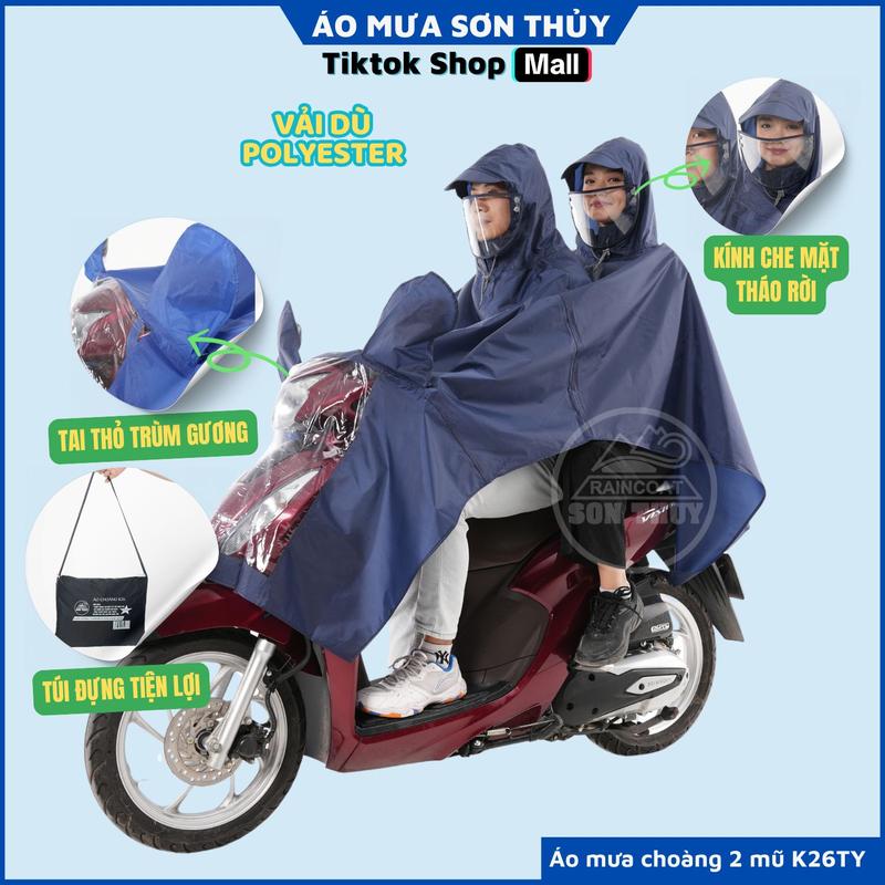 Sơn Thuỷ Áo Mưa Choàng 2 Mũ Có Kính Che Mặt K26 TY Freesize Vải Dù Polyester Siêu Nhẹ Siêu Bền Nhanh Khô Tai Thỏ Trùm Gương Ống Thoát Nước Vạt Trước Độc Đáo Xanh Lam Đỏ Mận Tím Than