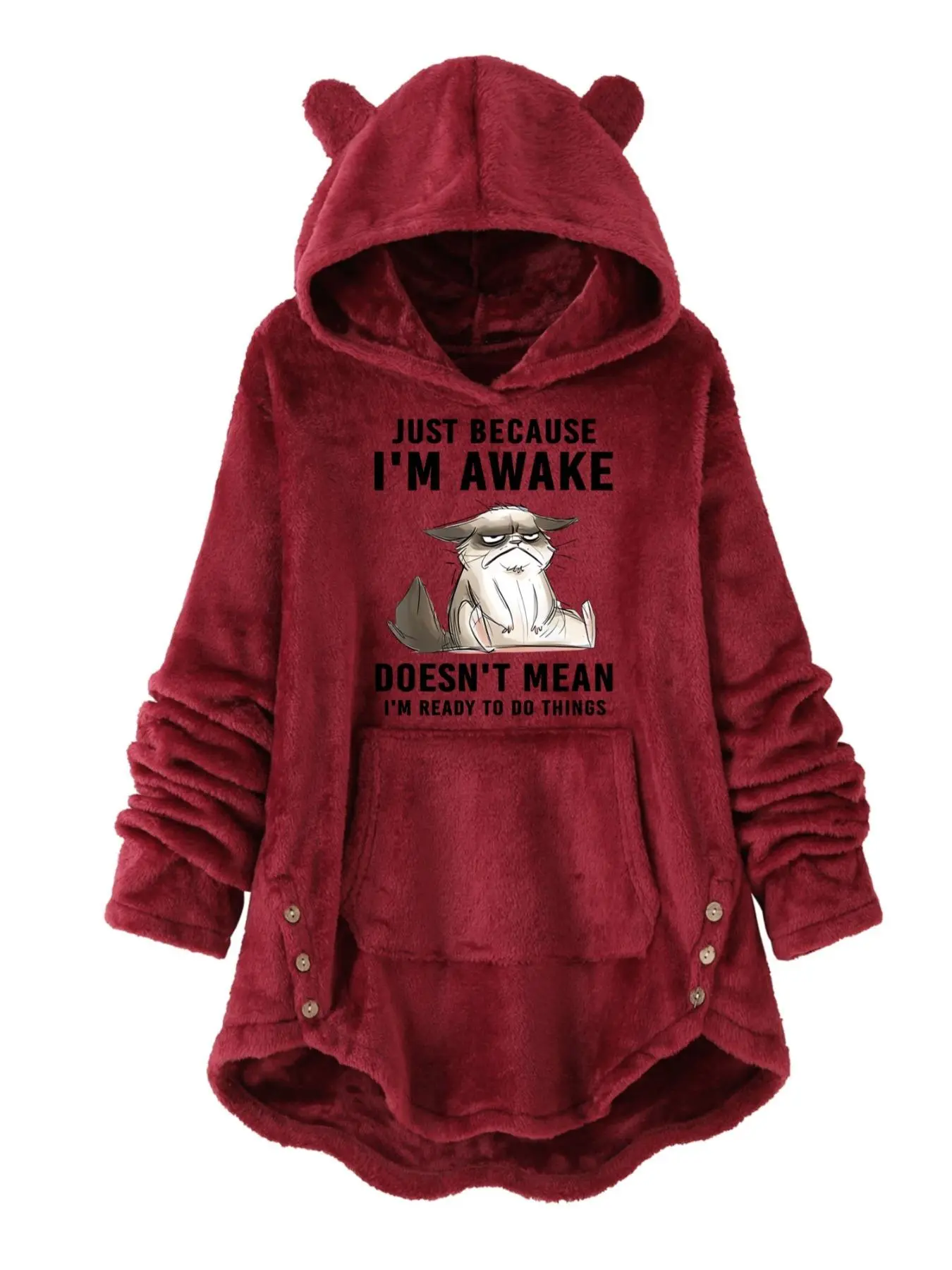Women's 3d Ear Decor Cartoon Cat & Letter Print Drop Shoulder Thermal Lined Hoodie, Fashion Casual Kangaroo Pocket Button Front Hooded Sweatshirt for Daily Holiday Outdoor Wear, Hoodies for Women, Women Clothing for Fall & Winter