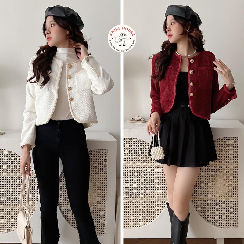  Áo Khoác Dạ Nữ Chất Tweed Nhung Croptop Cổ Tròn Dáng Ngắn Viền Thừng Màu Đỏ Noel Giáng Sinh Áo Dạ Tweet khoác ngoài Women Jacket 