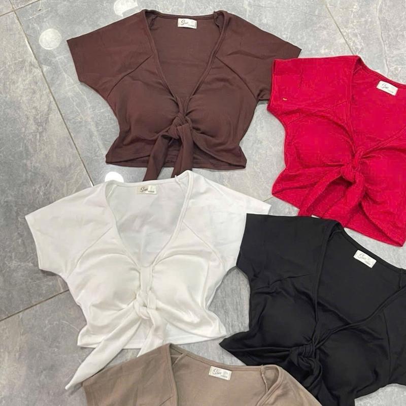 Áo croptop tay ngắn có mút cột dây giữa tạo nơ xinh bozip mềm Cổ Tròn Women Nữ aosang chanh 4