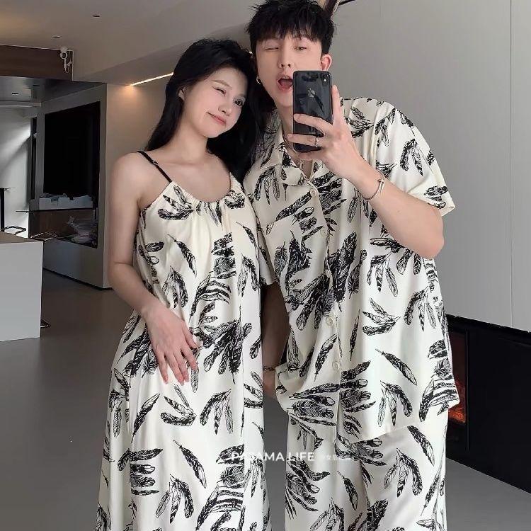 Đồ Ngủ Cặp Đôi, Đệm Ngực Thoáng Khí, Váy Ngủ Có Dây Đeo Mùa Hè, Dành Cho Phụ Nữ Và Nam Giới, Mỏng Và Ngầu, ngắn Tay, Đồ Mặc Nhà, Bộ Nam 3