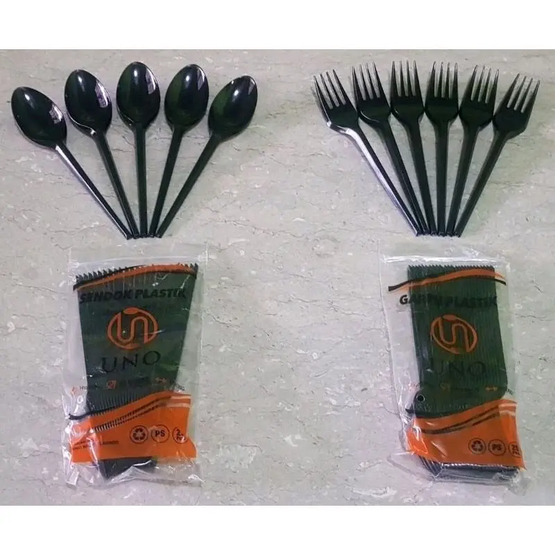 sendok garpu makan plastik hitam merk uno isi 25pcs 0