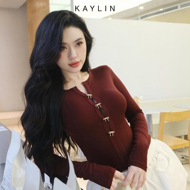  Áo Thun KAYLIN Tay Dài Phối Nút Kèm Nơ Chất Vải Cotton Gân Co Giãn Phong Cách - N2383 Nữ Women Top 