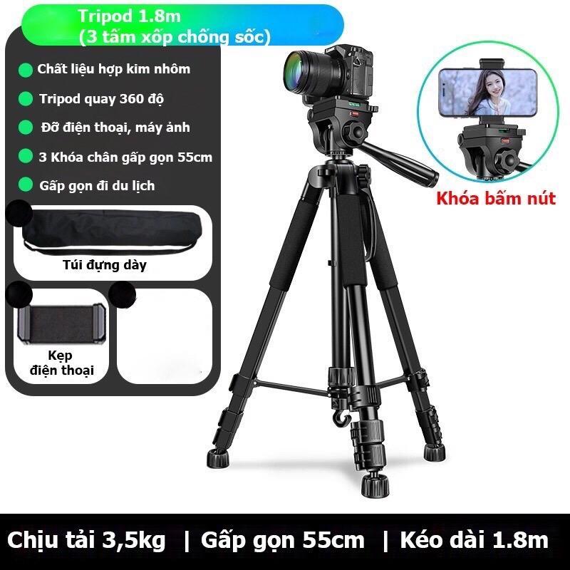 Tripod Điện Thoại 1.8m Kiêm Chân Máy Ảnh 360 Độ Chắc Chắn, Điều Chỉnh Cao Thấp, Dùng Để Chụp Ảnh Quay Phim 1