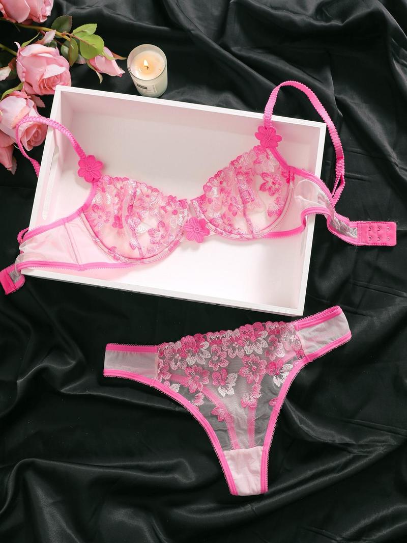 Product Introduction of Women's Floral Embroidery Sheer Sexy Lace Lingerie Set, Adjustable Strap Push Up Bra & Thong, Sexy Lingerie Set for Women 1