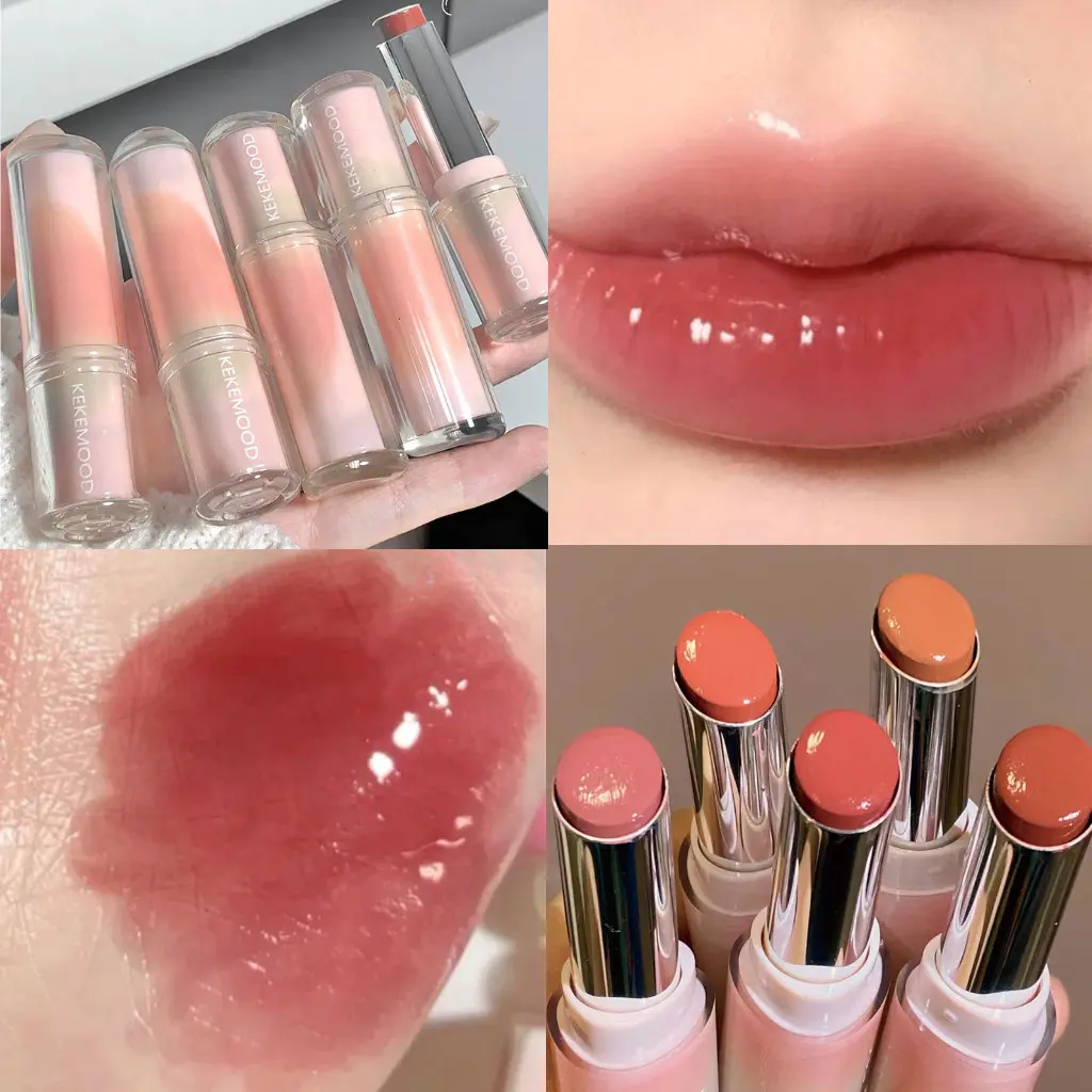 KEKEMOOD Lipstick Round Tube Crystal Mirror Surface Lipstick Moisturizing Waterproof Longlasting Nature Lip Gloss