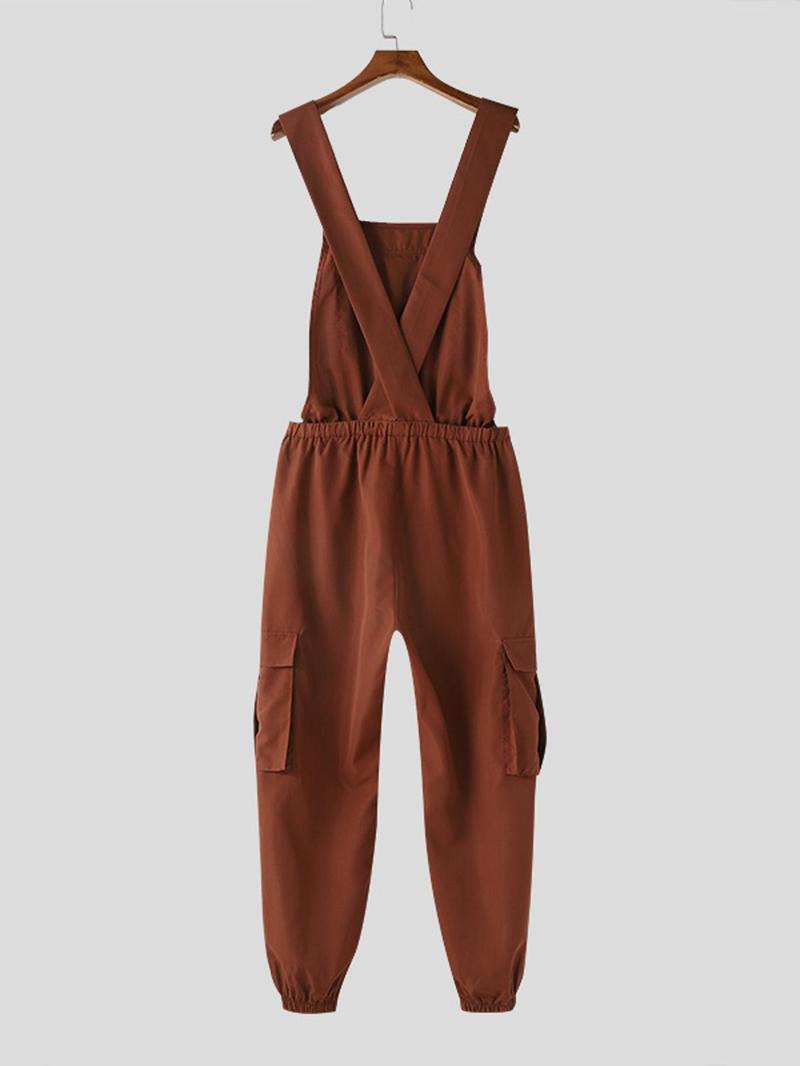 Product Introduction of Men's Solid Criss Cross Drawstring Waist Overalls, Loose Casual Pocket Overall Jumpsuit for Daily Wear, Fashion Men's Clothes for All Seasons 17