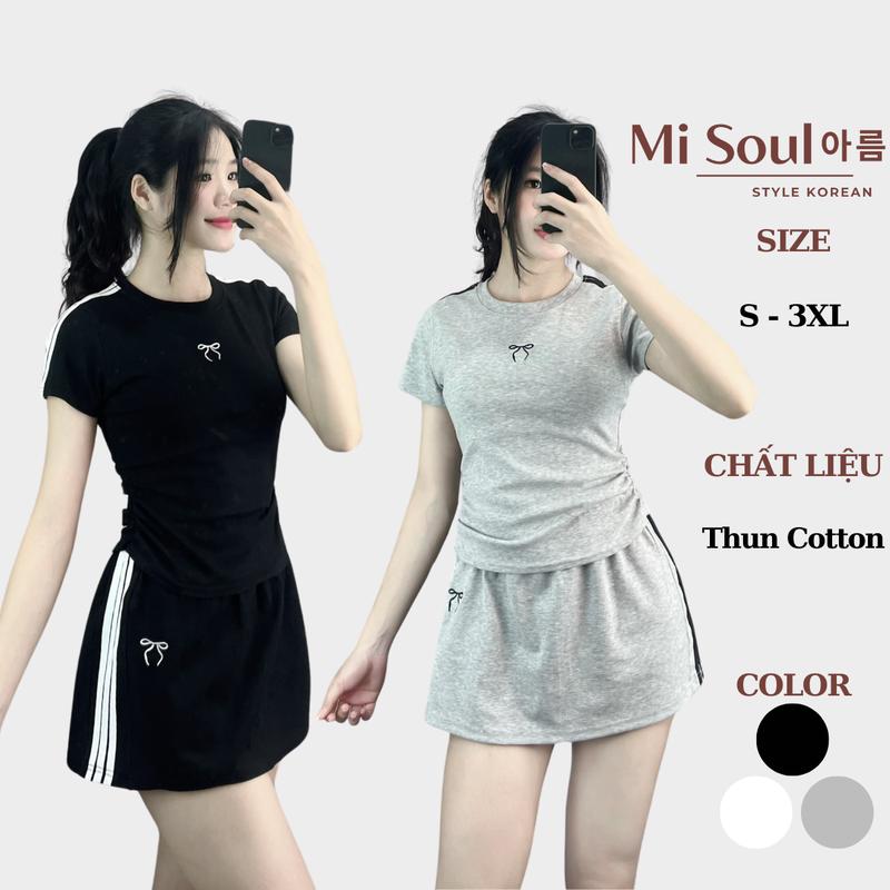 Set Thêu Nơ Sọc Thun Cotton Dúm Eo Chân Váy A Có Lót Trong BigSize Bộ Áo Váy Thêu Nơ Nhún Eo MiSoul 297 Nữ Women Top Đen 