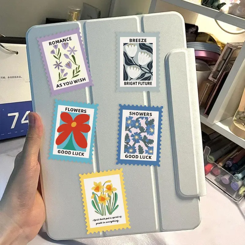 Flower Pattern Postage Stamp Sticker, 200pcs/set Self Adhesive Decorative Sticker, DIY Craft Decals for Phone Case, Scrapbooking, Journal Making 2