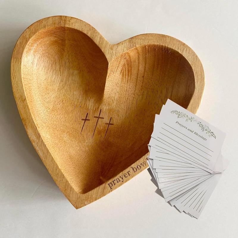 Product Introduction of Wooden Heart Shaped Prayer Bowl, 1 Count Cross Pattern Prayer Bowl with Card, Religious Decoration for Home Living Room Bedroom 2