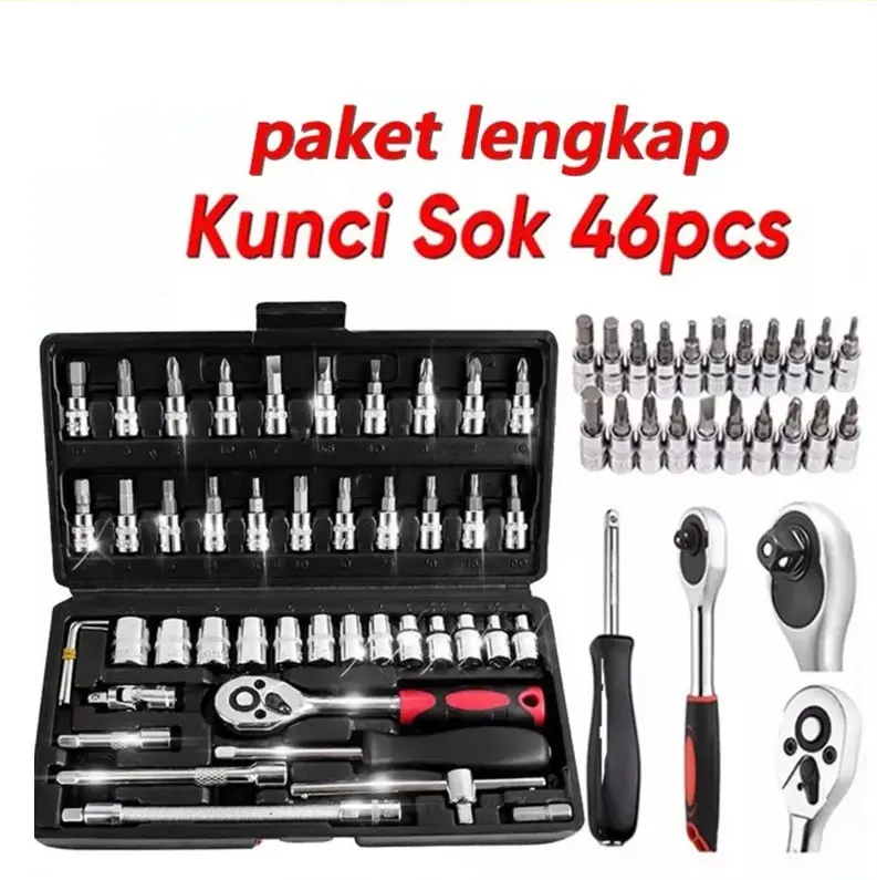 Kunci Sok Set 46 Pcs Socket Wrench Mata Obeng Dilengkapi Box Penyimpanan / Sok Wrench 27 Pcs , kunci 40 , kunci 10 , kunci 19 , obeng t Toolkit - Kunci Set Gagang Sok Shock Full Set Motor Rumah Gudang Dll 3